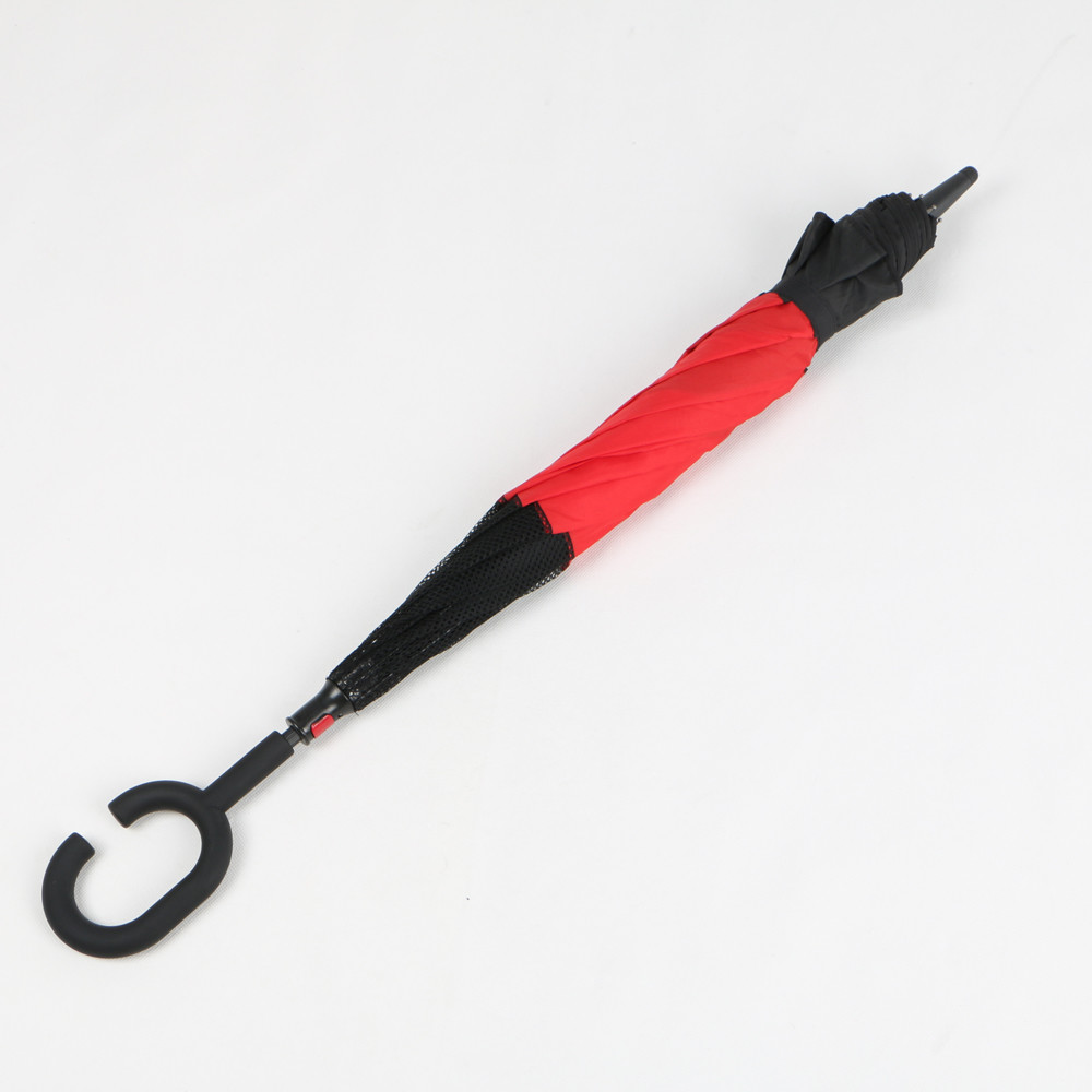 Quality C Handle Reverse Inverted Umbrella Double Layer Windproof Black And Red for sale
