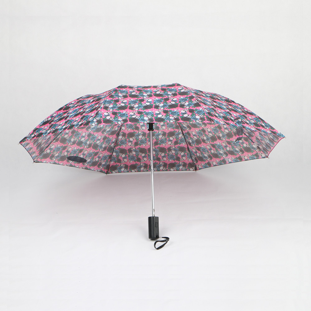 Quality Automatic Open Two Fold Umbrella 21 Inch Skull Printing Fabric Plastic Handle for sale