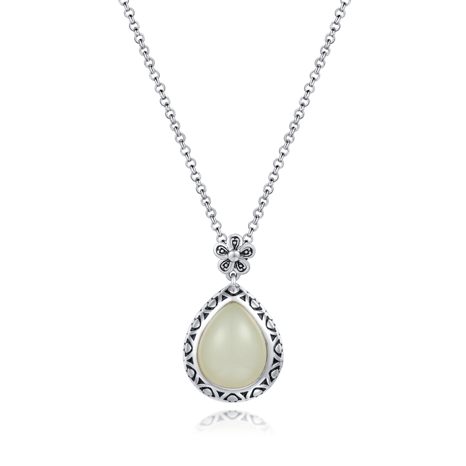Flower Lock Carved White Jade Pendant 12x15mm Pear Shaped Silver Stone Pendant