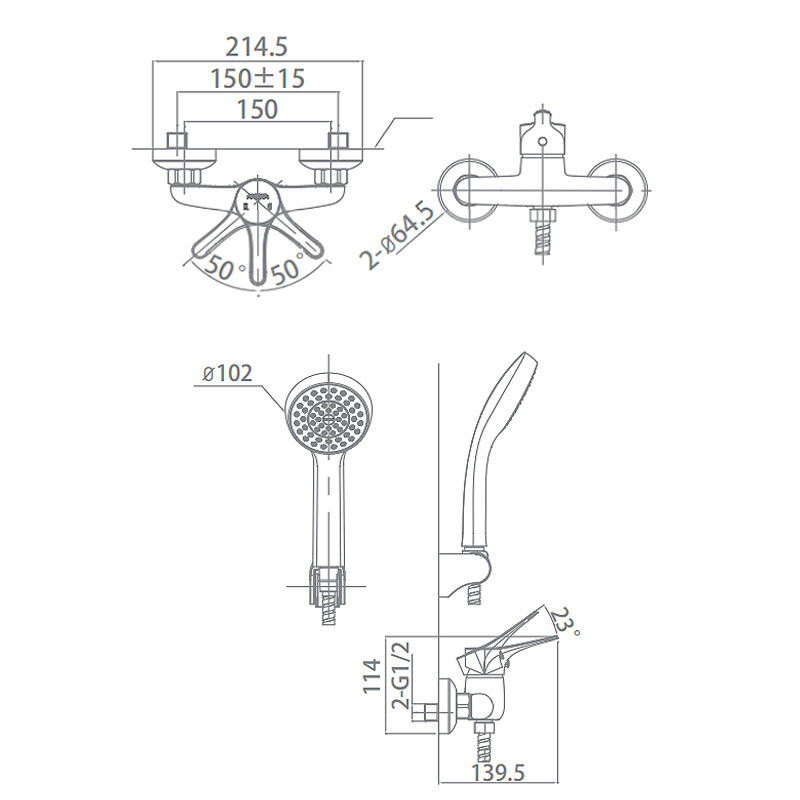ABS Round Handshower Single Lever Bathroom Wall Mount Body Brass Shower Household