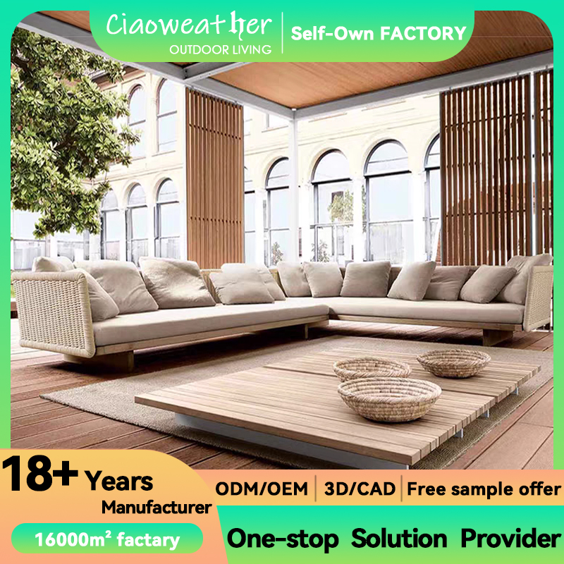Water-Resistant Cushion Teak Modular Sofa L Shape for Garden Resort Hotel Waterproof Outdoor Design