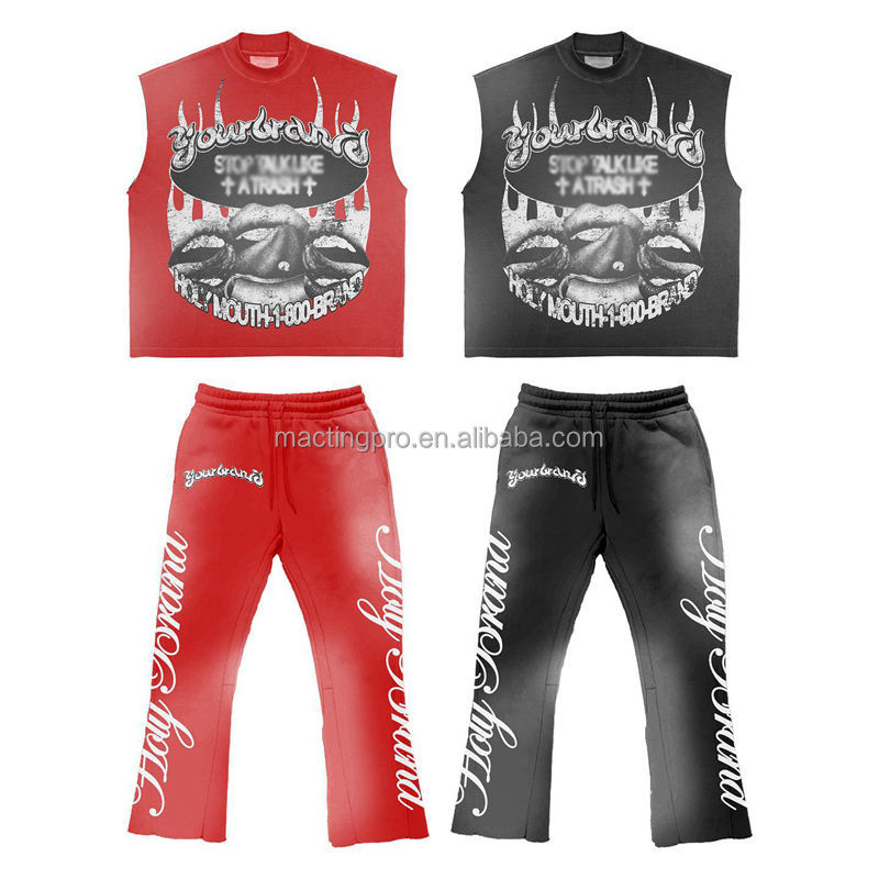 Custom Logo Acid Wash Hoodies Sweat Shorts Black Crop Top and Sleeveless Tank Top Set