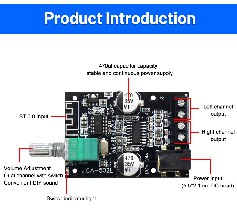 ZK-502L 2.0 Channel Digital Amplifier Board Home Theater HIFI Amplificador with BT5.0 50WX2 Metal Material Stereo Board ZK-502L