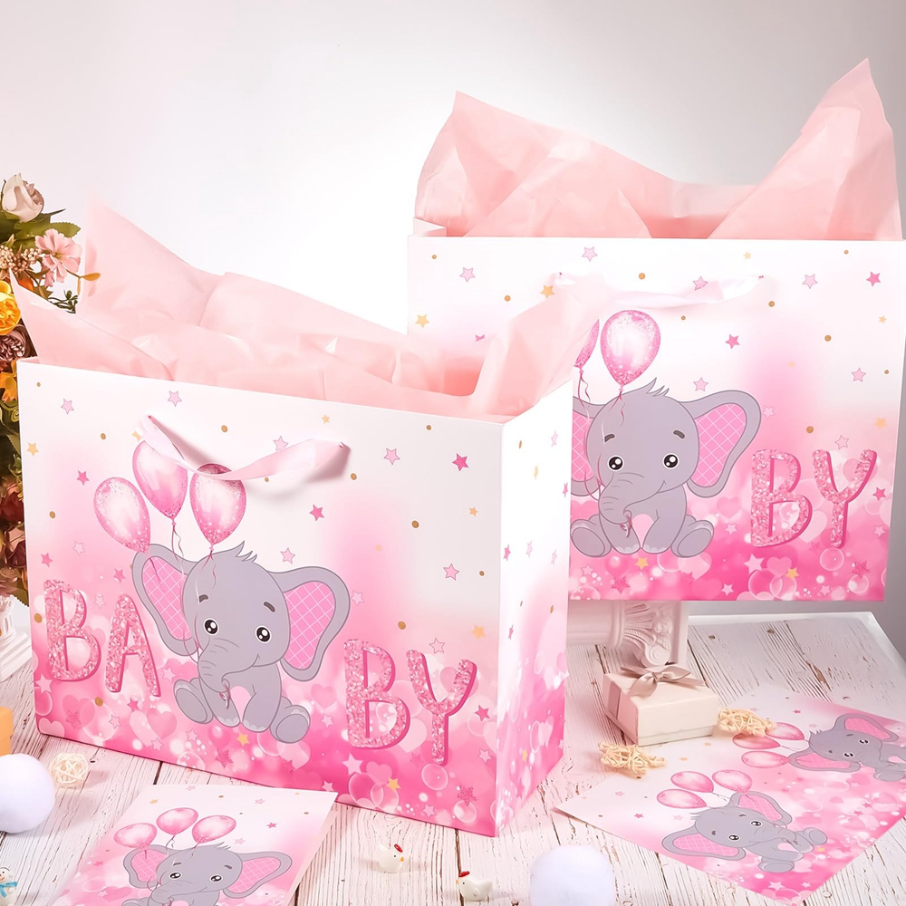 Foldable Large Eco Reusable Baby Girl Pink Cartoon Gift Carry Card Paper Shopping Bag