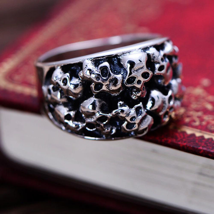 Thai Vintage Sterling Silver Skeleton Skull Men's Band Ring (R6030808)