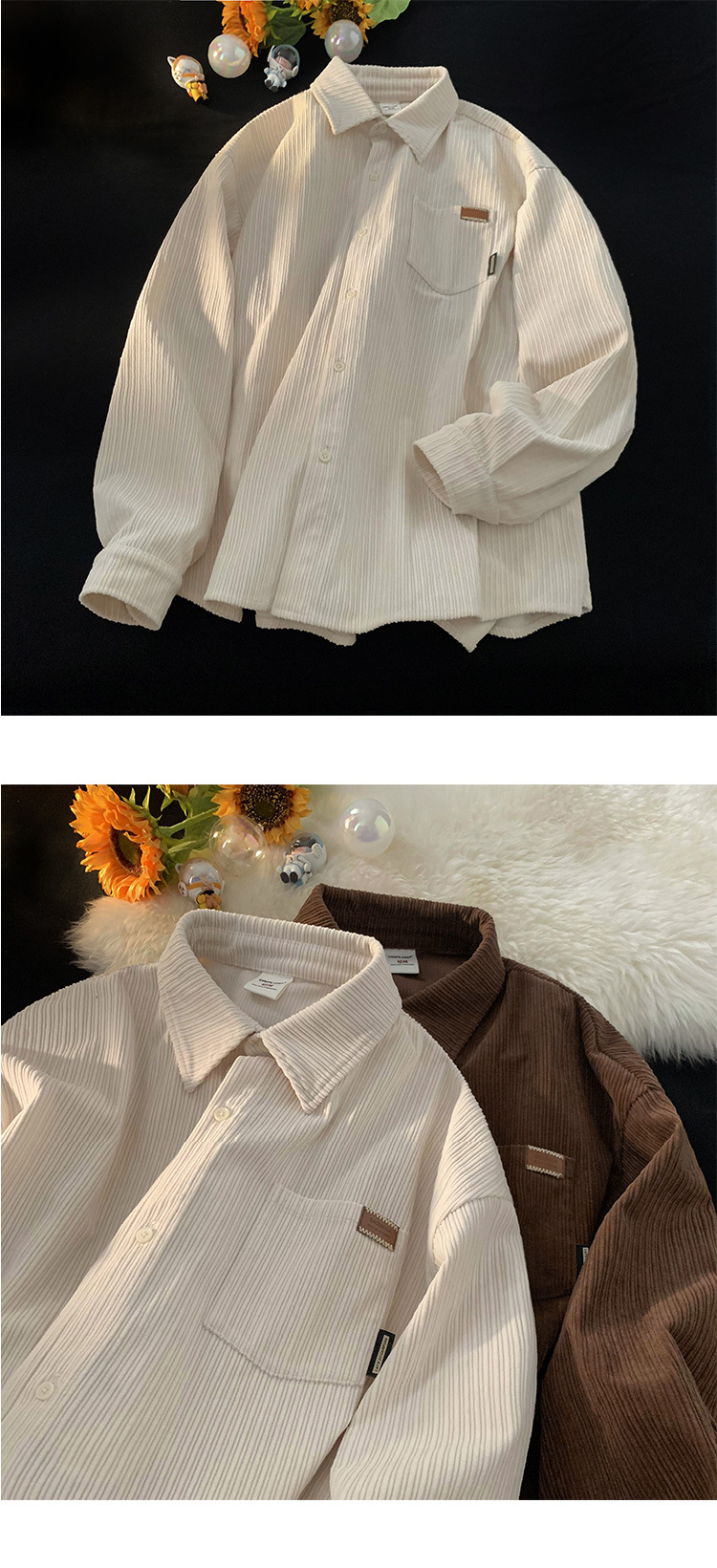 Men's Corduroy Shirt Coat Turn-down Collar Single Breasted Closure American Vintage
