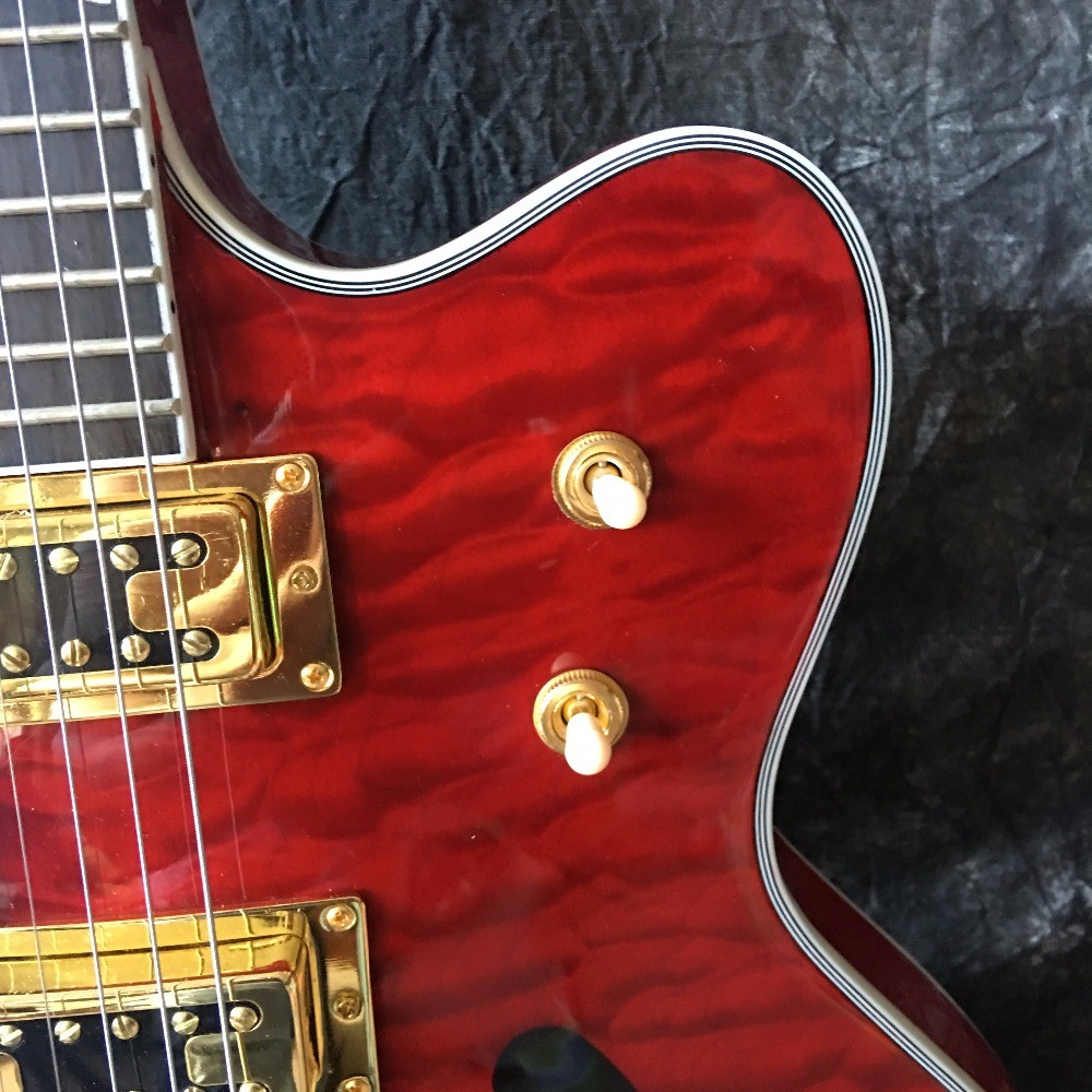 Grand Transparent red, gold tremolo. Free delivery, picture real shooting 333 jazz old electric guitar quilted maple top