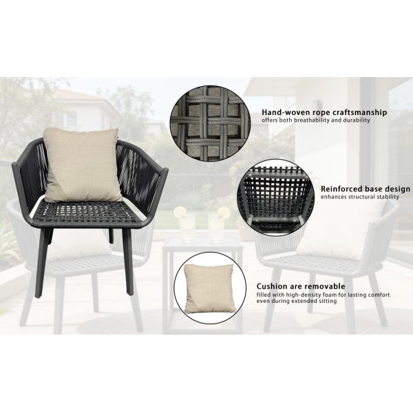 Beige Rope Woven Outdoor Dining Arm Chair with Aluminum Frame for Patio and Garden
