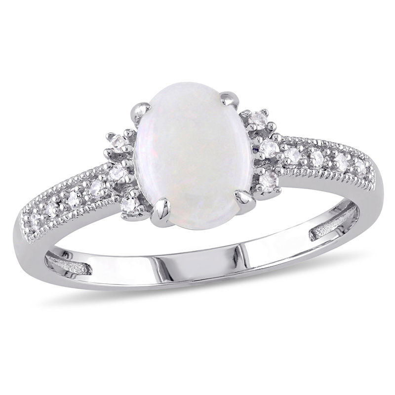 Oval Opal and CZ Accent Vintage-Style Ring in 10K White Gold