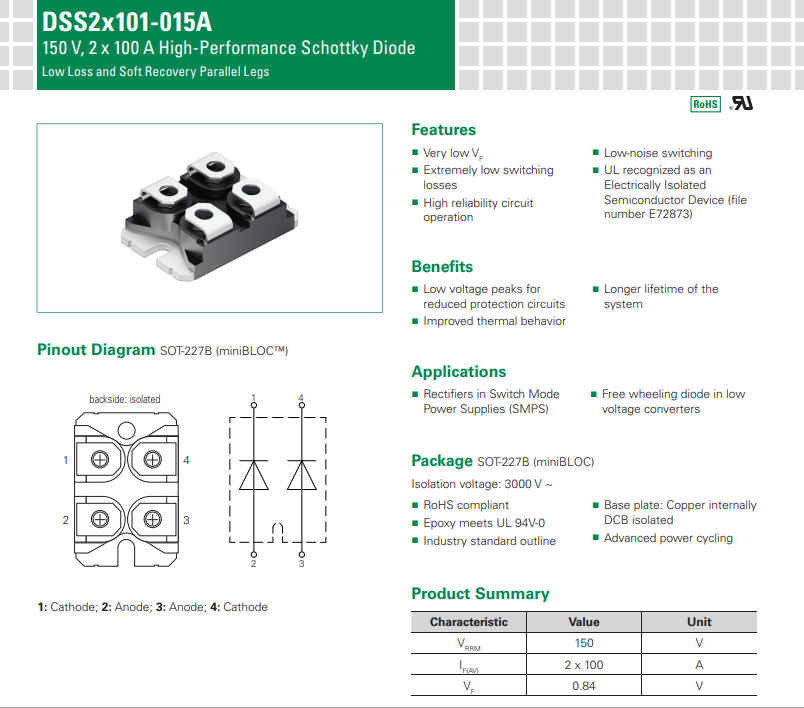 DSS2x101-015 High-Performance Schottky Diode Low Loss and Soft Recovery Parallel Legs
