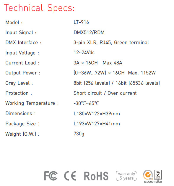 Led 16 Channel DMX Decoder Constant Voltage DC12V-24V 3A*16CH RJ45/XLR Port