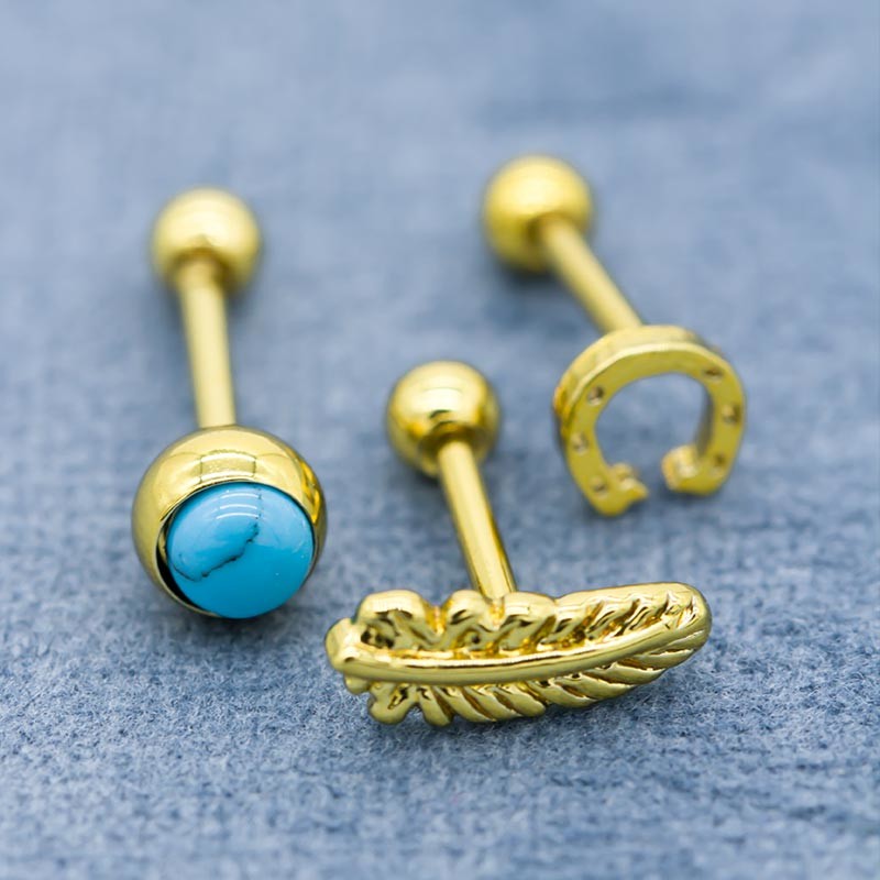 Electrophoresis Gold Ear Piercing Jewellery Leaf Shape Helix Stud Earrings