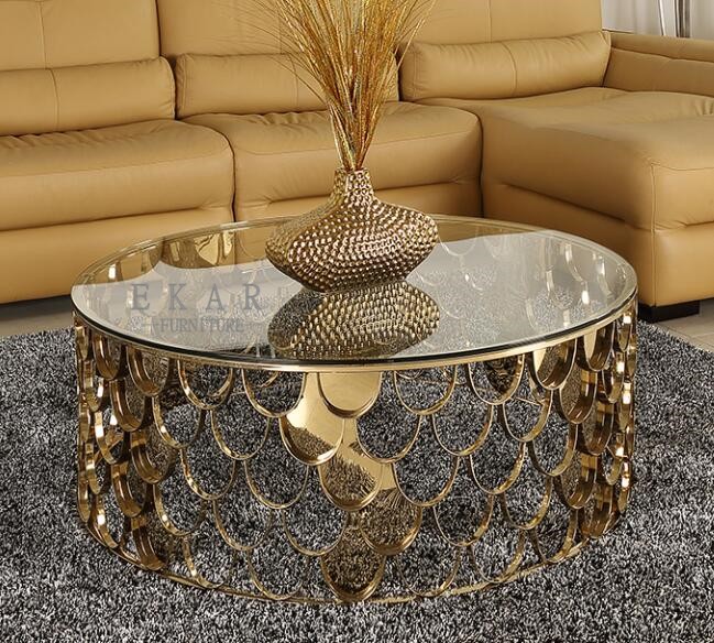 New Model Fish Scales Decoration Round Golden Coffee Table