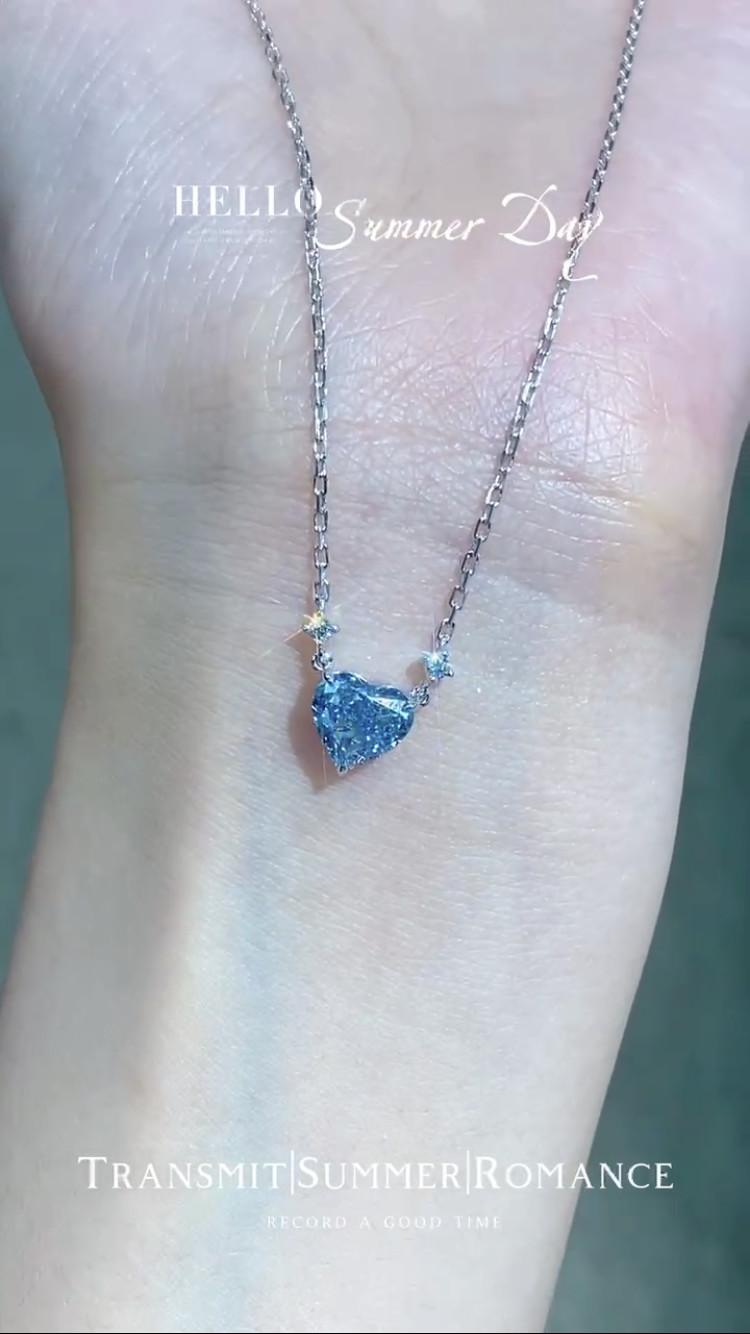 Blue Lab Created Diamond Pendant Necklace 1.51ct Heart Cut GRC Certified