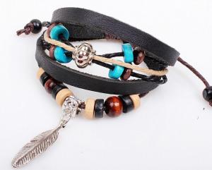 China Wooden bead bracelet cowhide leather feather Indian style jewelry wholesale on sale
