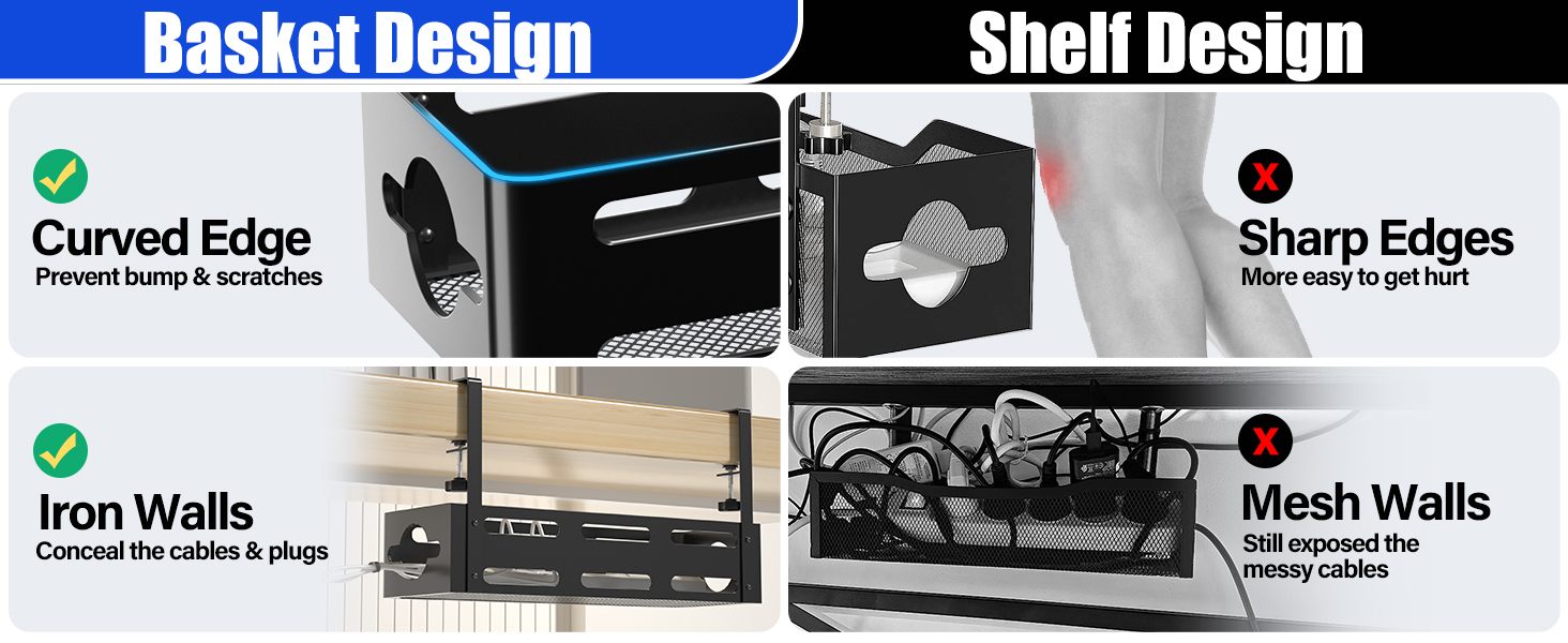 Space-saving Under Desk No Drill Cable Management Tray with Metal Wire Management Box