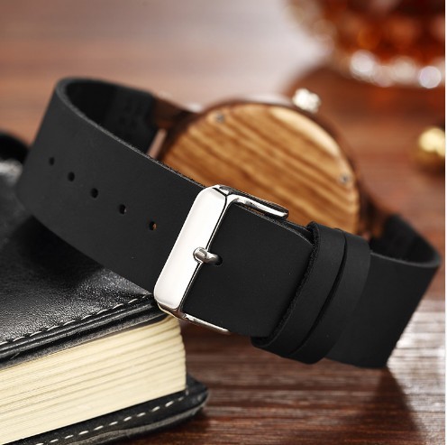 Simple Dial Wooden Quartz Watch With Leather Band And 2 Year Battery