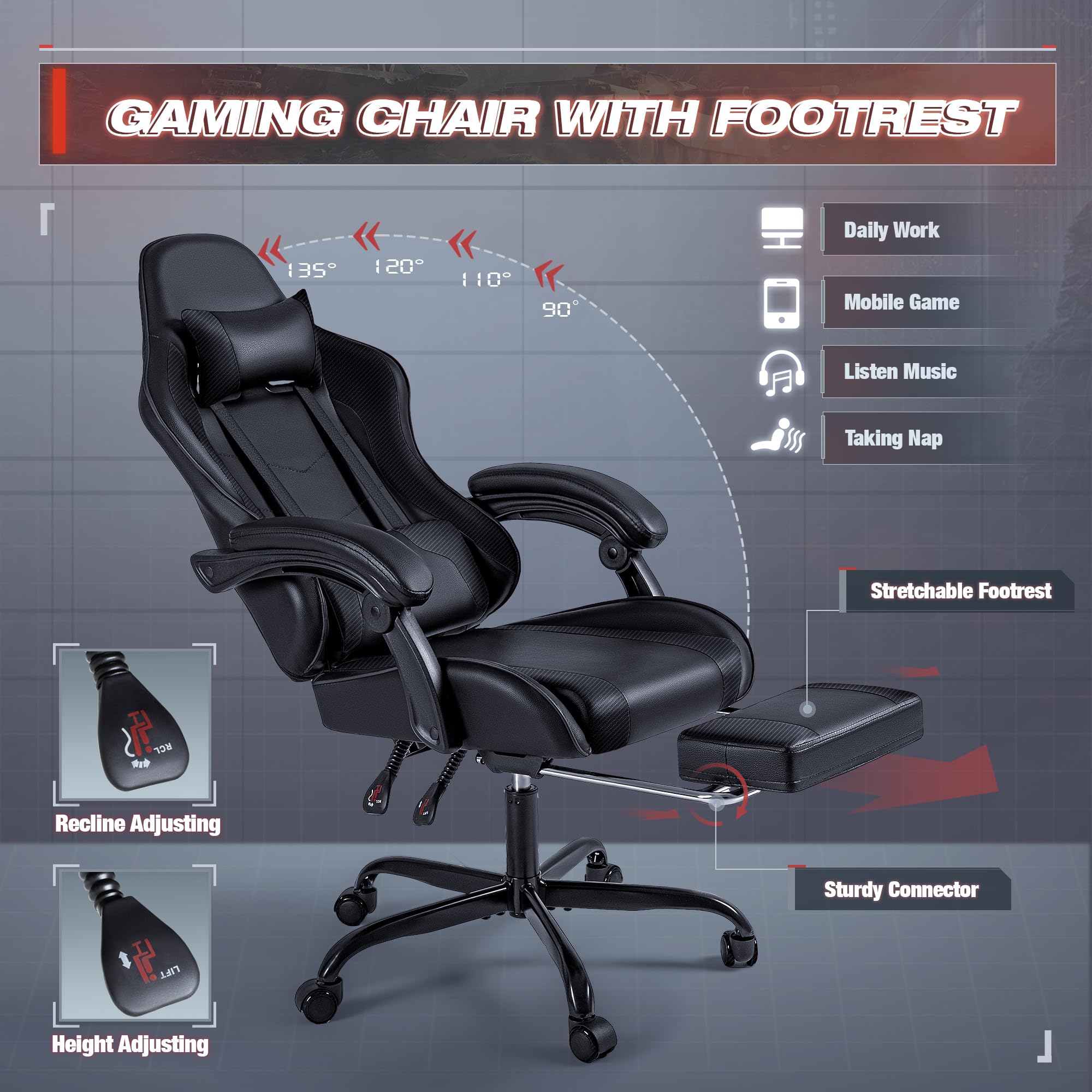 Adjustable Racing Computer Video Game Chair with Footrest and Massage Lumbar Support