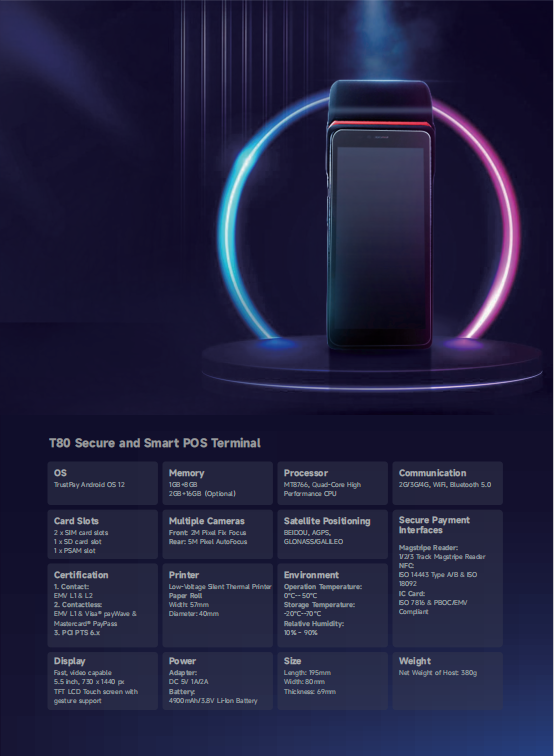 Wisecard T80N Android POS Terminal with Built-in Thermal Printer and EMV Compliance for Secure Payments Financial Pos Machine