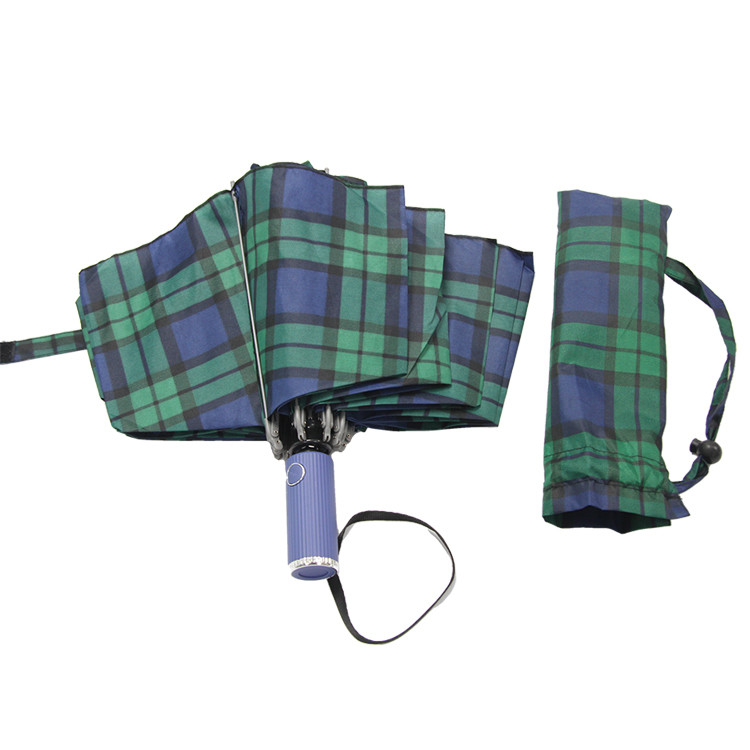 BSCI 8mm Metal Shaft Three Folding Umbrella Green Check Pattern For Men