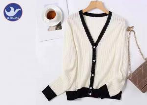 China V Neck Ladies 100% Wool Sweater Contrast Color Rib Knitting Winter Elegant Cardigan on sale
