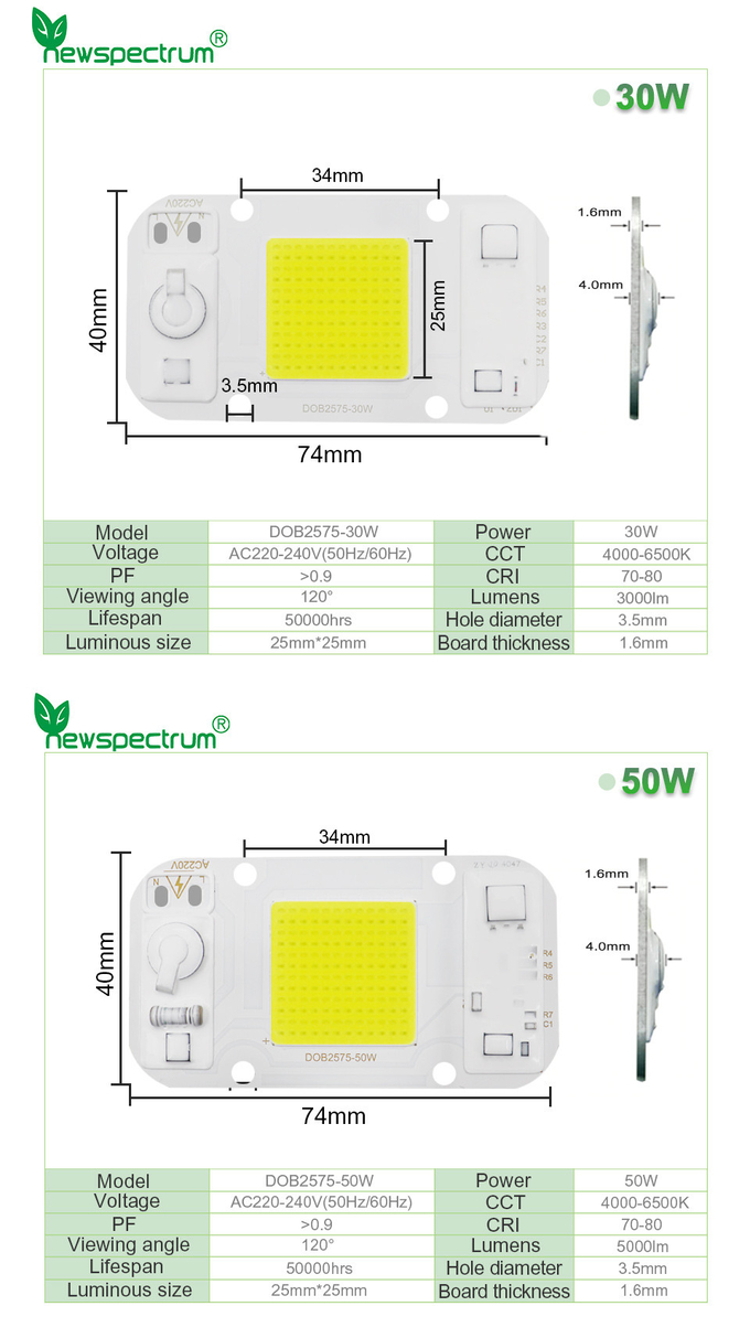 Driverless AC COB Led Chip 50w Size 40mm For DIY Floodlight Grow Light