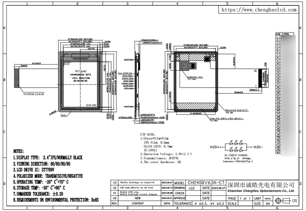 240*320 Pixles 2.4 Inch LCD Display All Viewing Angle With I2C TP