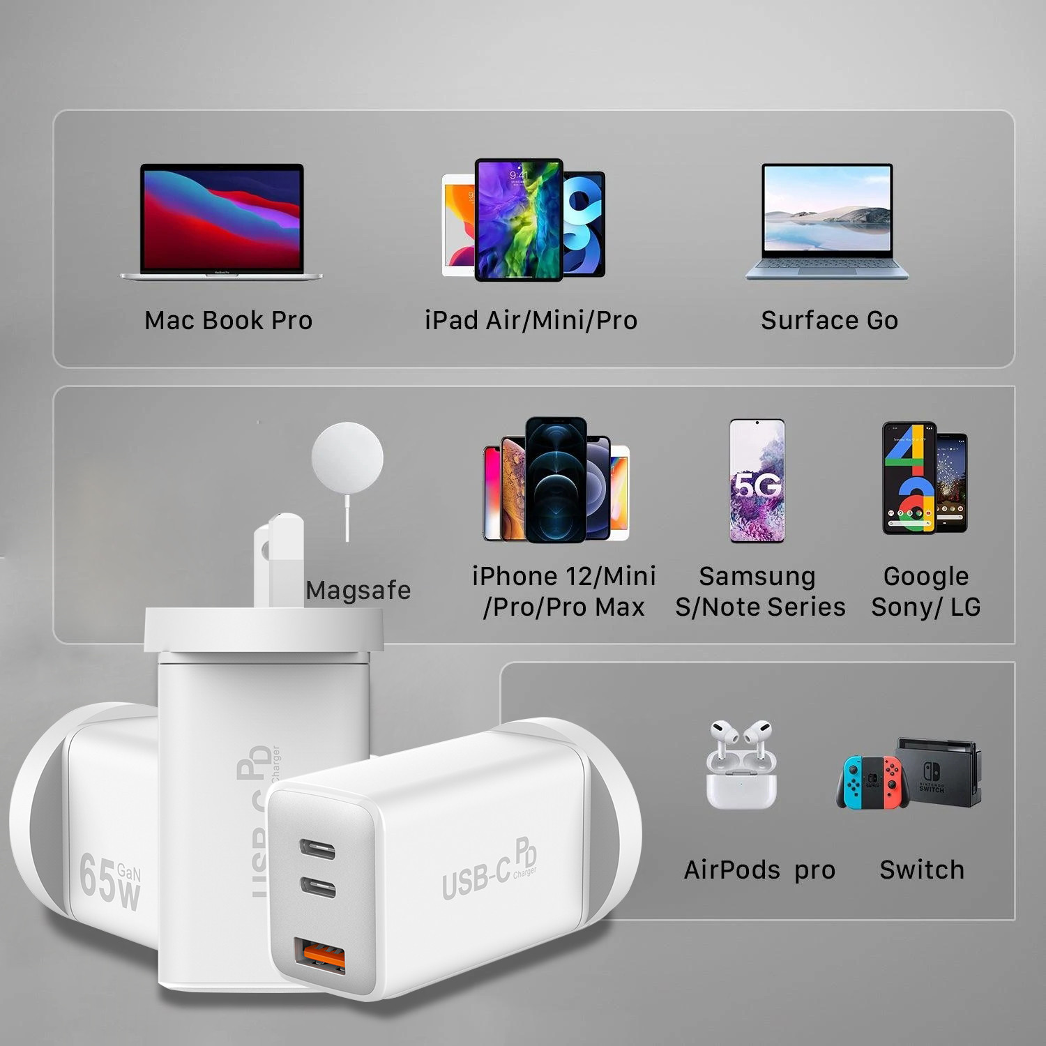 3 Port Fast Charging Wall Charger 65W USB C Adapter Wall Charger USB A