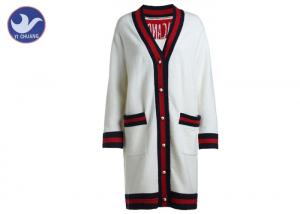China White Women'S Button Down Cardigan Sweaters , Long Oversized Knit Cardigan Lurex Stripes Trims  on sale