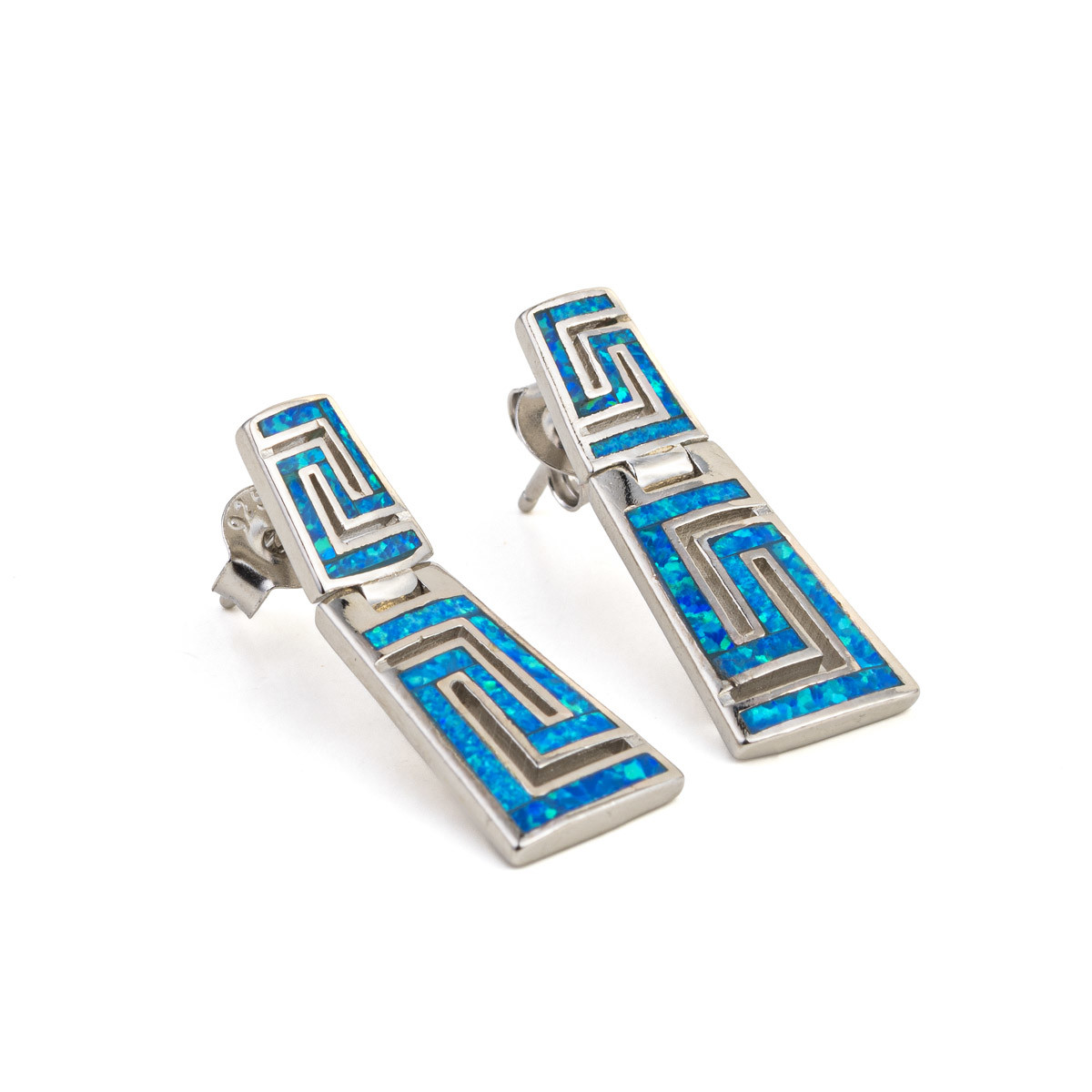925 With Sterling Silver Greek Key Natural Blue Garnet Stud Meander Opal Earrings For Women