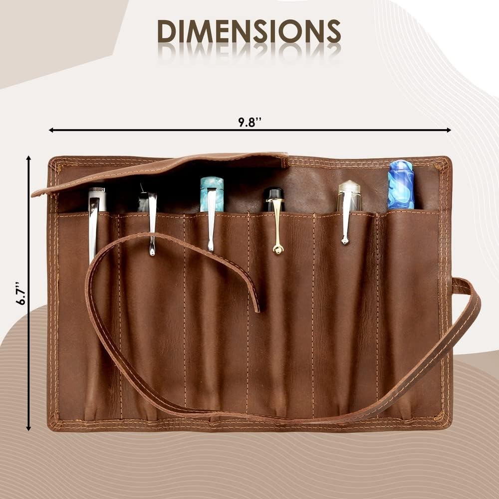Fountain Pen Case Features Sturdy Strap, Fold-over Flap – Roll up Pouch Holds 6 Pens,