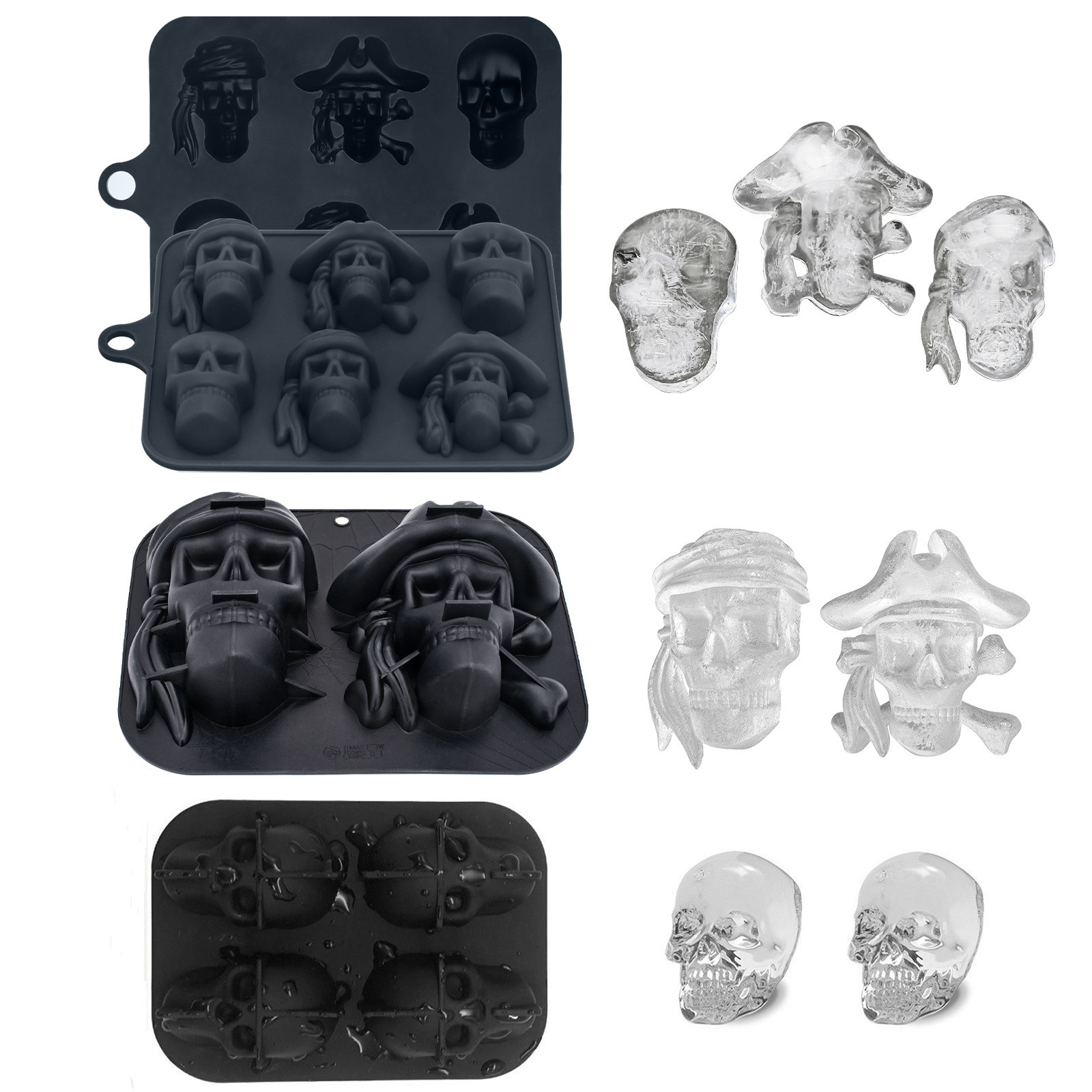 Silicone Ice Cube Tray 3D Skull Ice Mold-2Pack Easy Release For Whiskey Cocktails And Juice Beverages