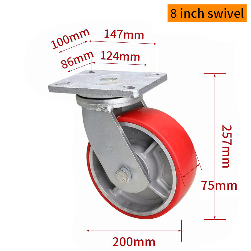 Red Extra heavy Duty Casters With Brakes 8 Inch 200mm Caster Wheels 938-86A