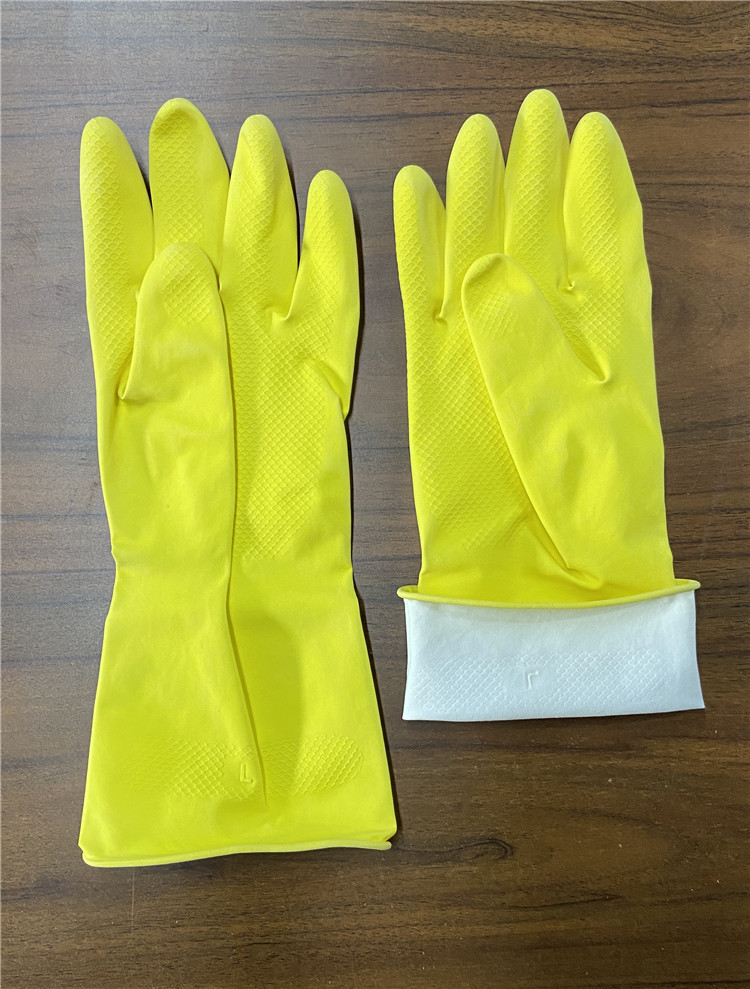 Yellow Color Rubber Kitchen Washing Gloves Spray Flocklined