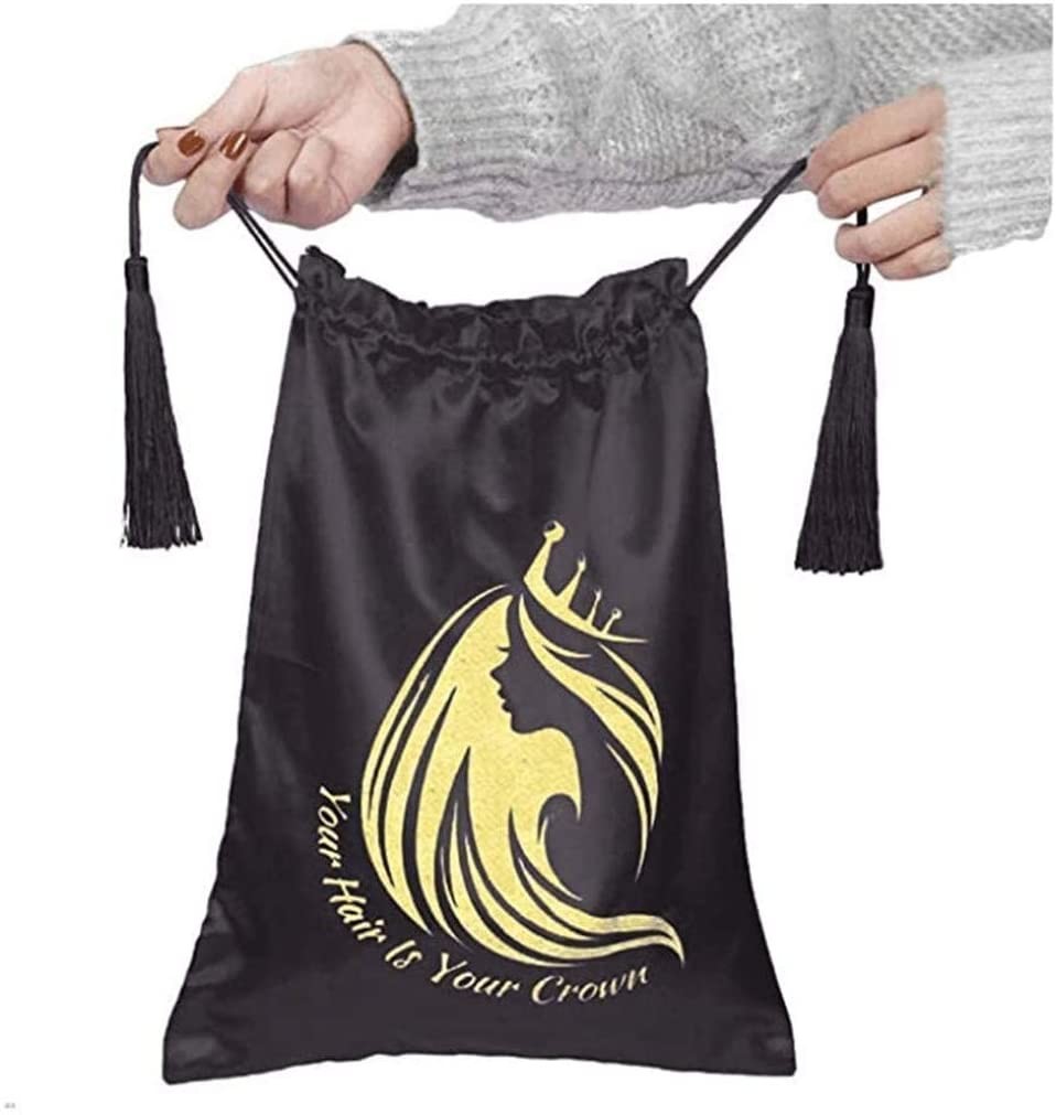 Luxury black satin wig bag with tassel and customized logo for hair extension packing