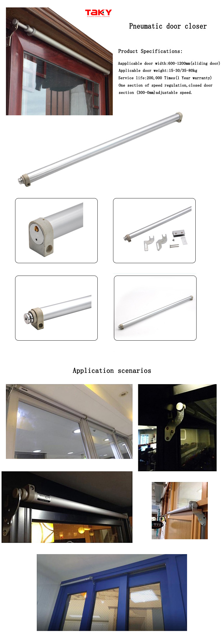 Silver Self Closing Automatic Pneumatic Sliding Glass Door Closer for Sliding Door 30-80kg