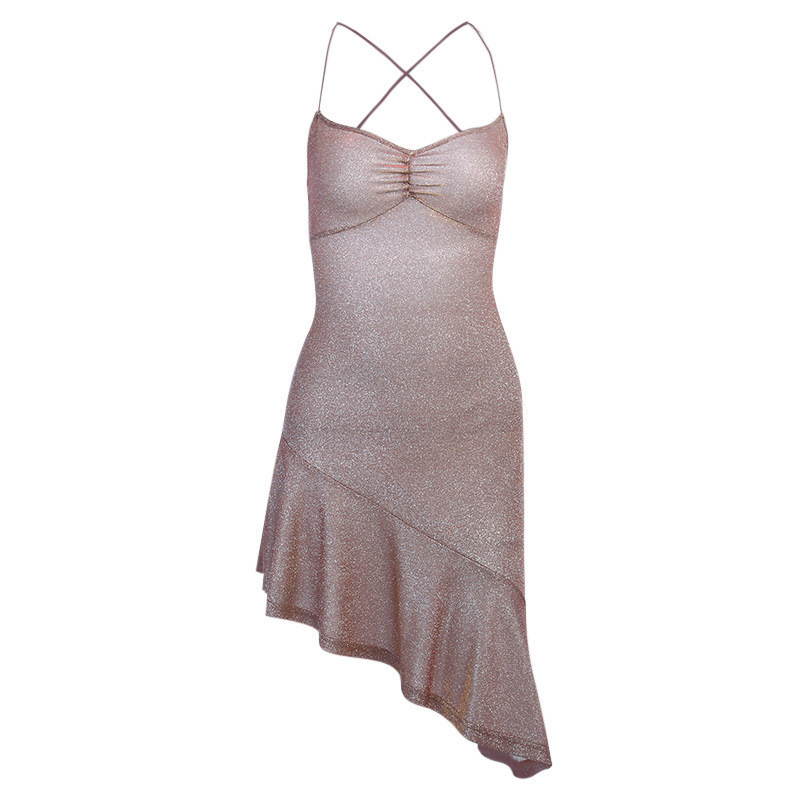 Irregular Ruffled Silk Sexy Women Dresses Sleeveless Suspender