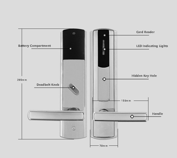 Durable Hotel Room Door Locks 304 Stainless Steel 2 Ways To Unlock 285mm * 70mm