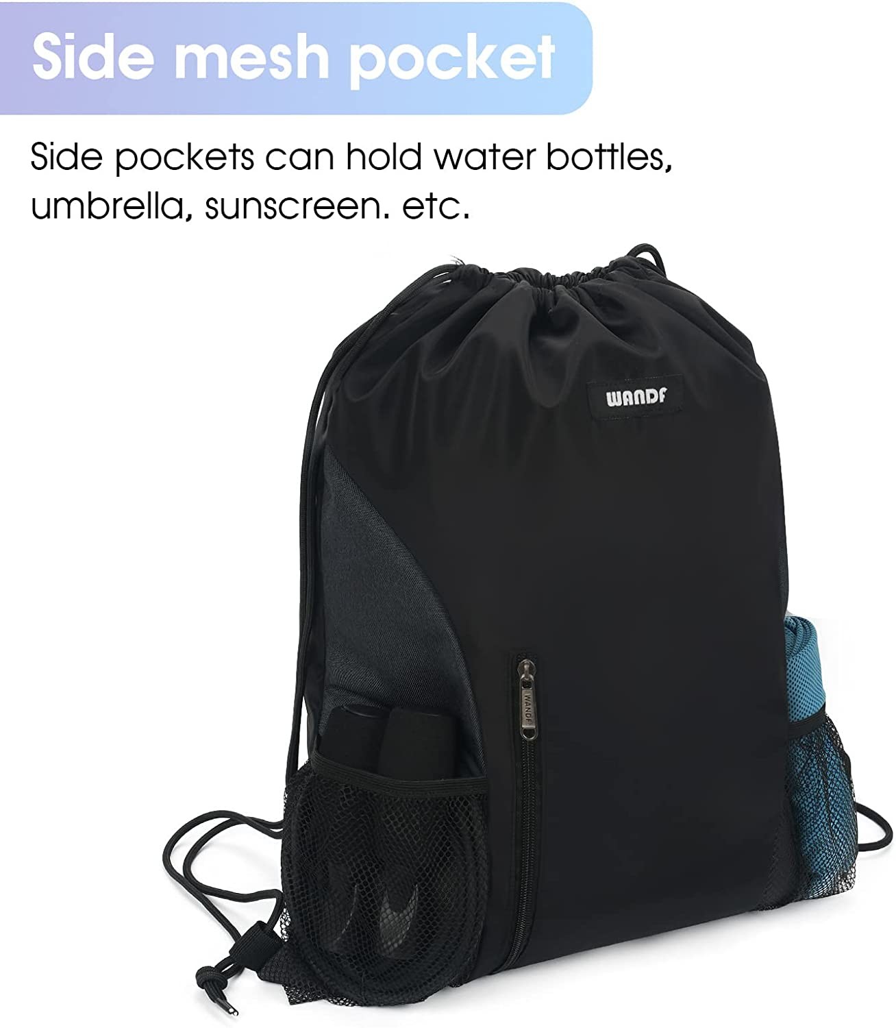 Durable Drawstring Backpack Sport Sackpack with Mesh Pockets Water Resistant String Bag for Women Men Children (Black)