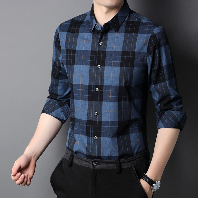 Knitted Broadcloth Plaid Shirts Polyester Viscose And Cotton Casual Shirt Long Sleeve For Man