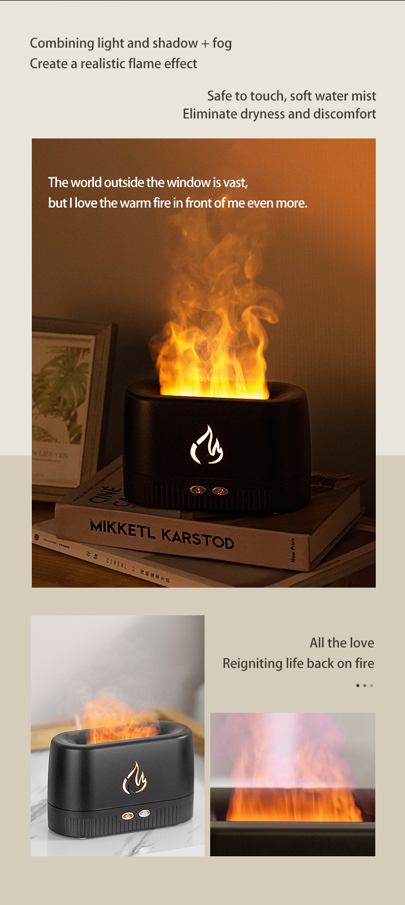 HOMEFISH Flame Effect Ultrasonic Aroma Humidifier Aromatherapy 230ML