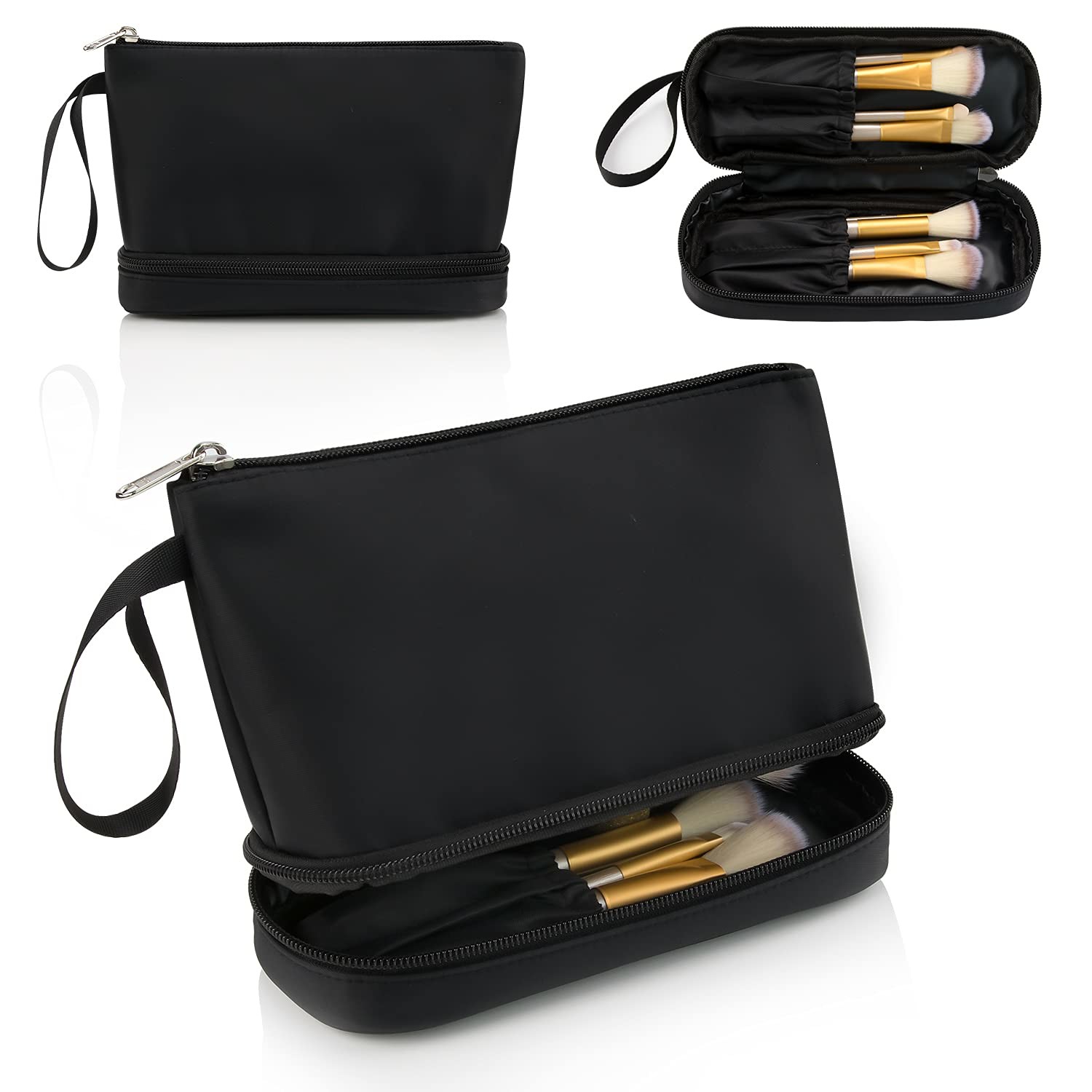 Fashion Black Waterproof Two Layer Cosmetic Pouch Ladies Carry On Clutch Makeup Bag With Brush Organize