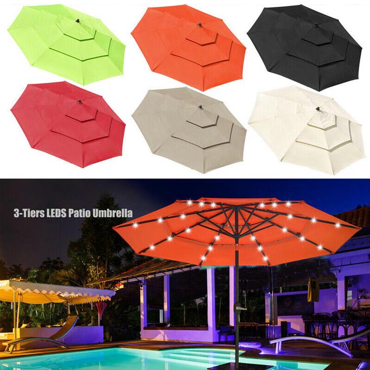 Custom Logo Outdoor Cafe Garden Beach Patio Sun Umbrella with 3 Tiers and LED Lights