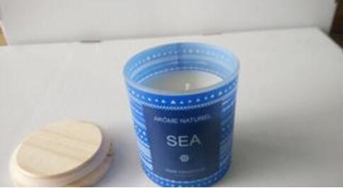 Decor & blue printed glass scented candle with ocean fragrance and package of gift box