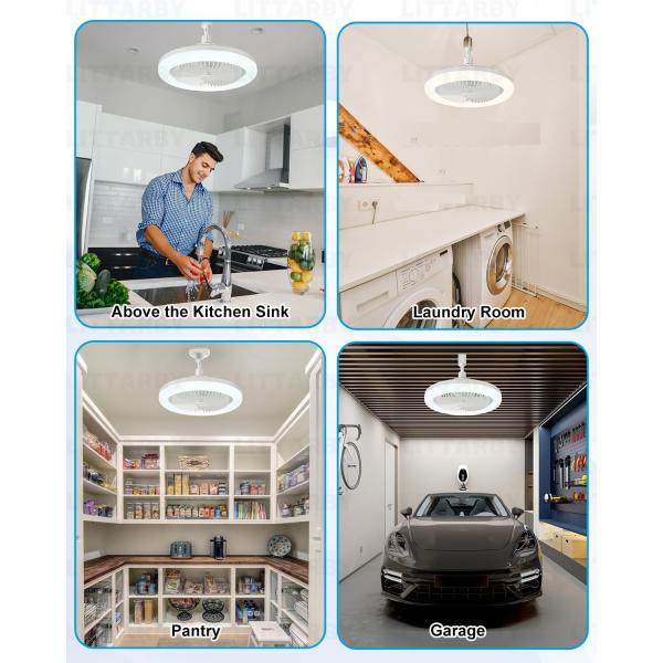 Socket Fan Light with Remote Control 3 Colors Dimmable LED Ceiling Fan 14W for Bedroom Kitchen Storage Room