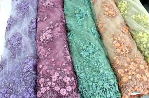 China 3D Floral Beaded Embroidered Lace Fabric For Evening Dresses 120 CM Width on sale