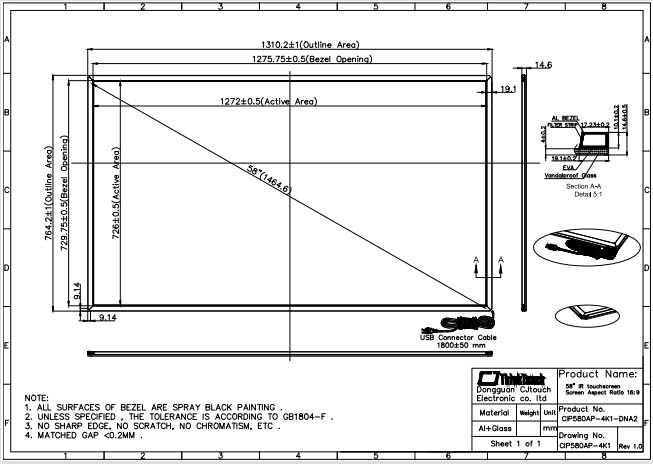 58" IR Frame Touch Screen Waterproof , IR Touch Screen For LCD Voltage 5V