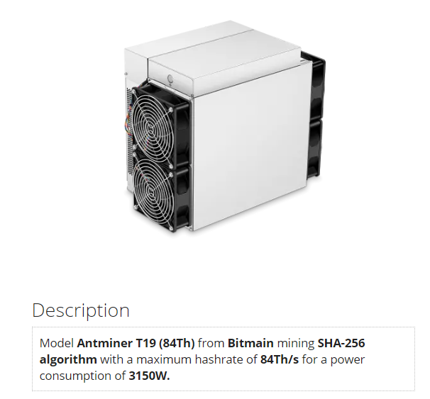 3150W SHA256 Antminer Bitcoin Miner 512 Bit 1024MB T19 84T