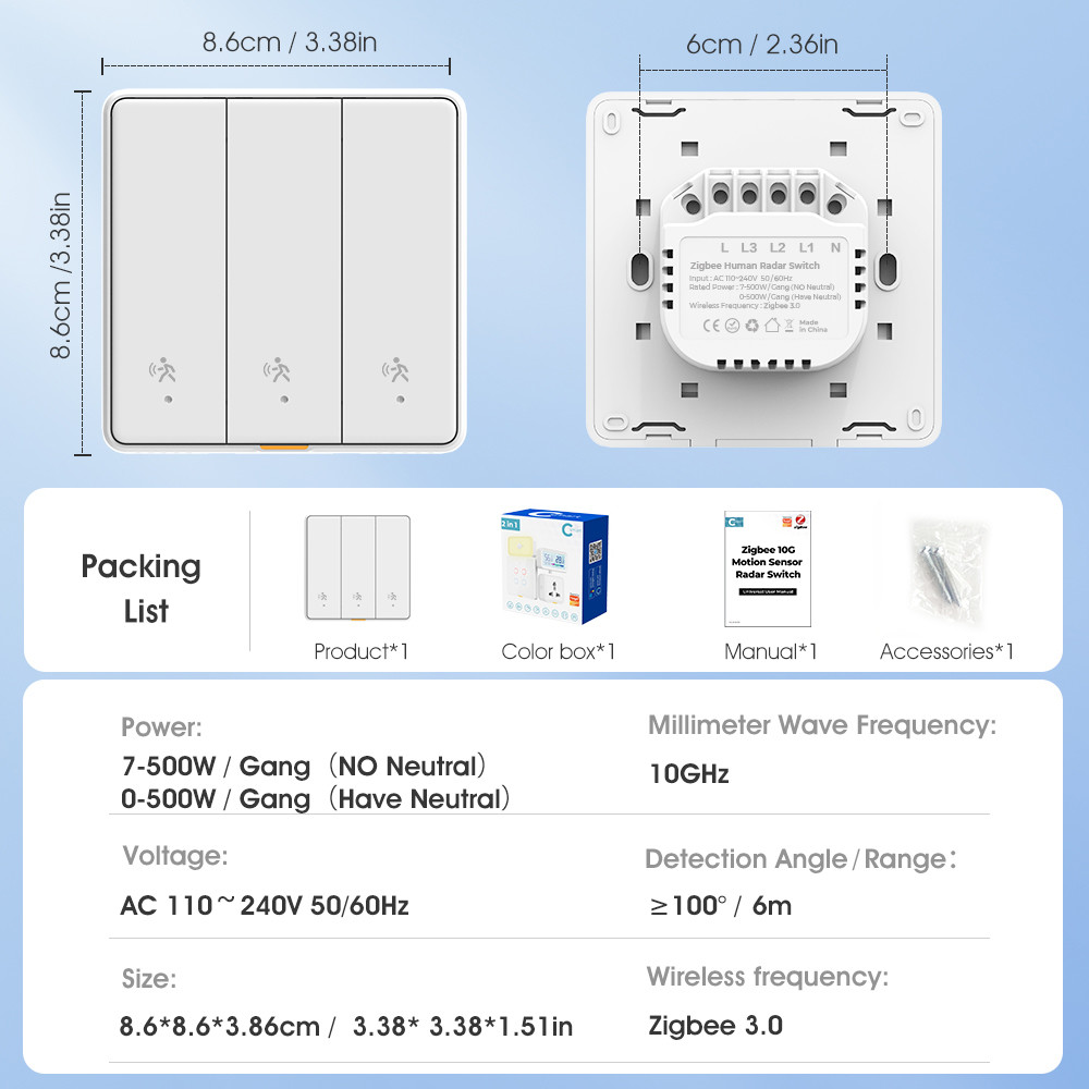 Tuya ZigBee Radar Motion Sensor Switch Sensing No Neutral Smart Home EU Wall Light Button Off No Capacitor Timing App