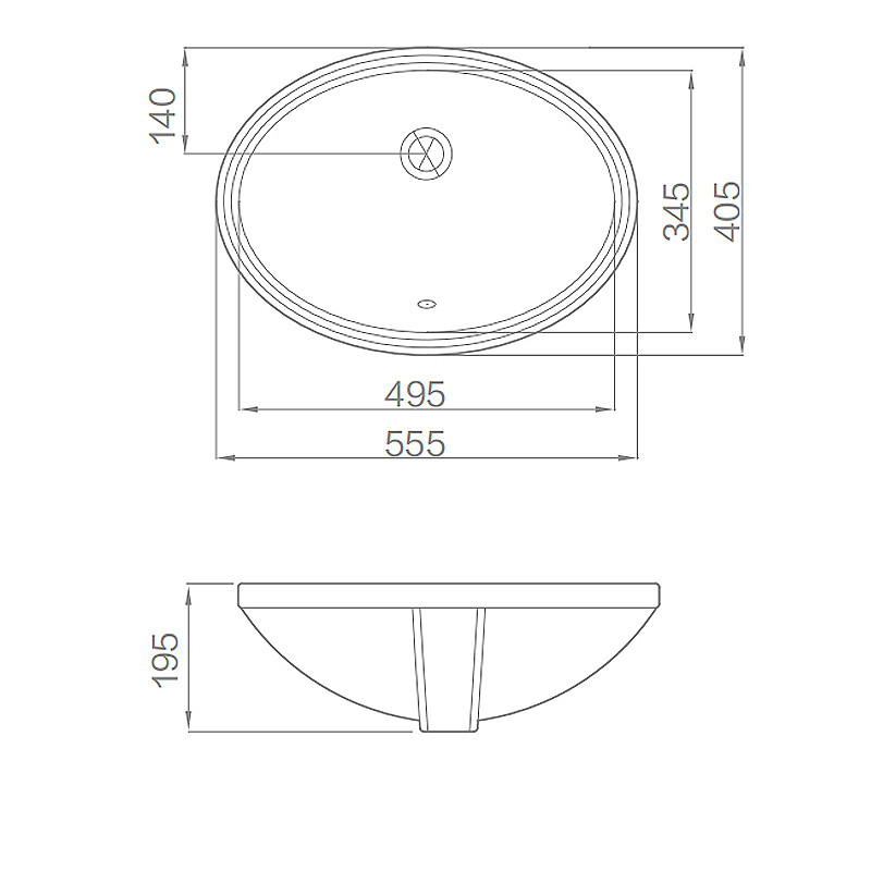 SASO Oval Under Counter Basin 555x405x195mm For Hotel Toilet